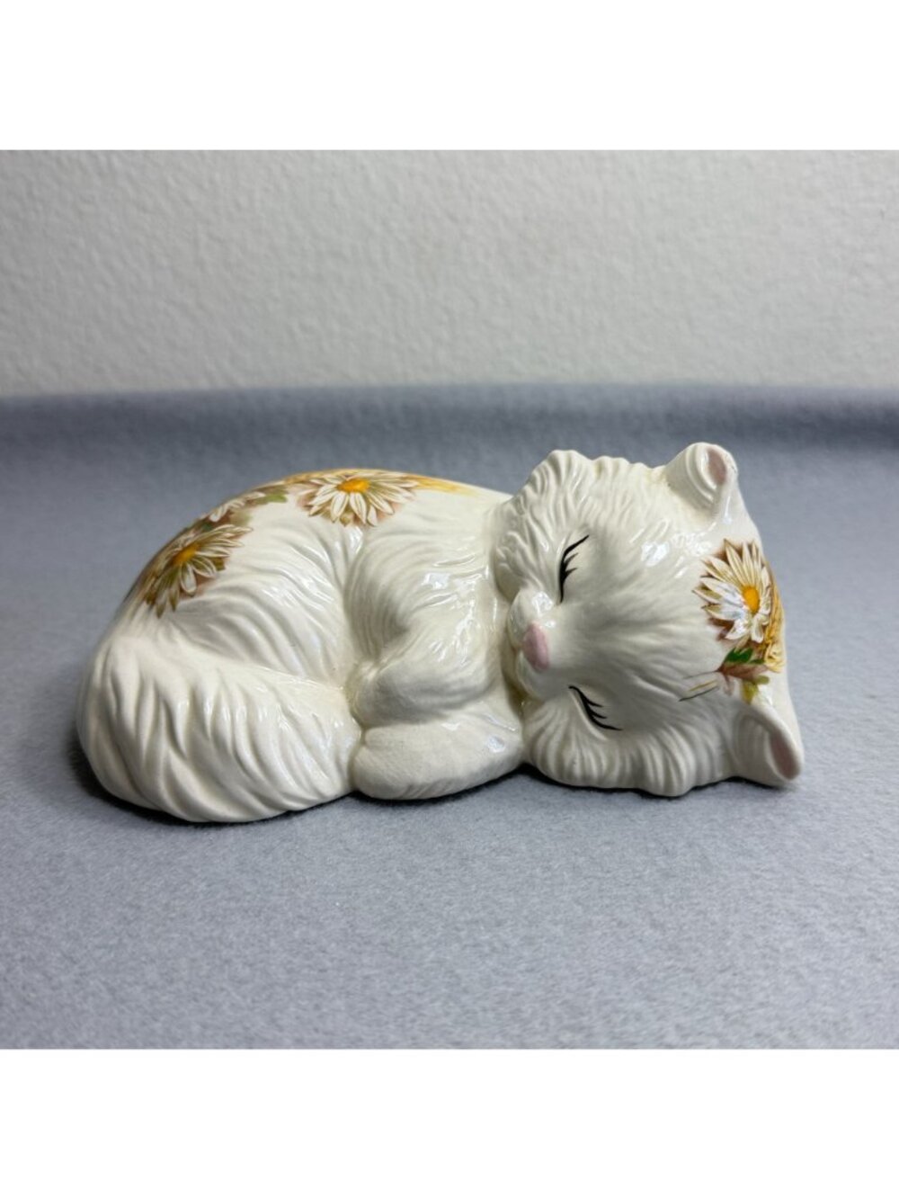Vintage Lefton Ceramic Sleeping Cat Wall Plaque Daisy Wheat Figurine 1629 - Picture 3 of 13